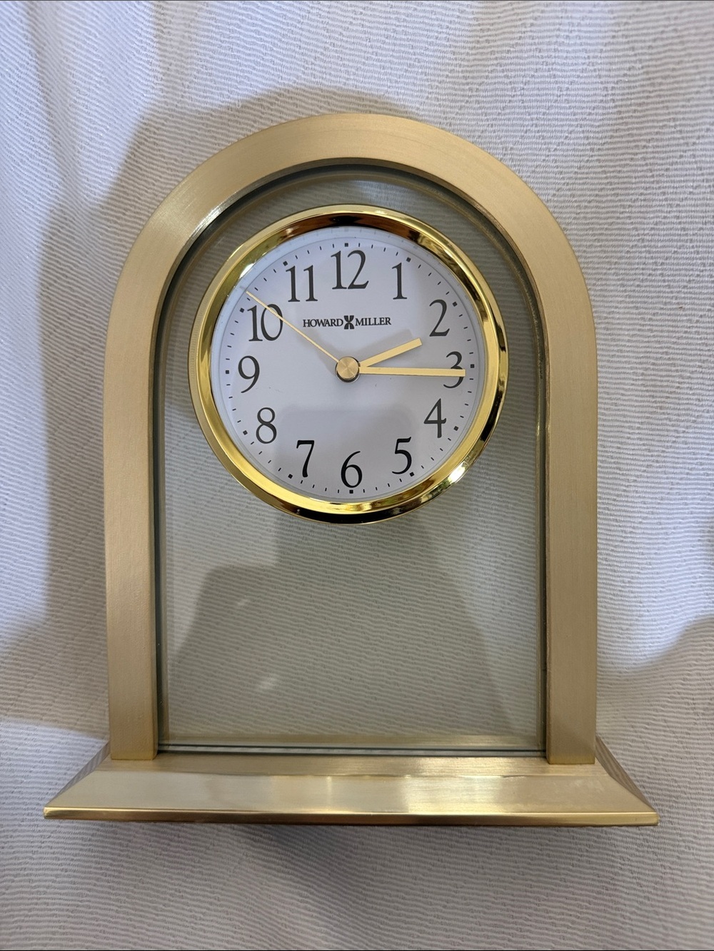 Howard Miller Imperial Arch Desk Clock Glass Floating Dial Brass 7.5”